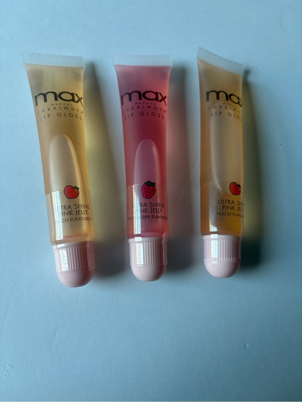 Cherimoya Max MakeupUltra Shine Pink Jelly Lip Gloss Peach & Strawberry 3 Pack